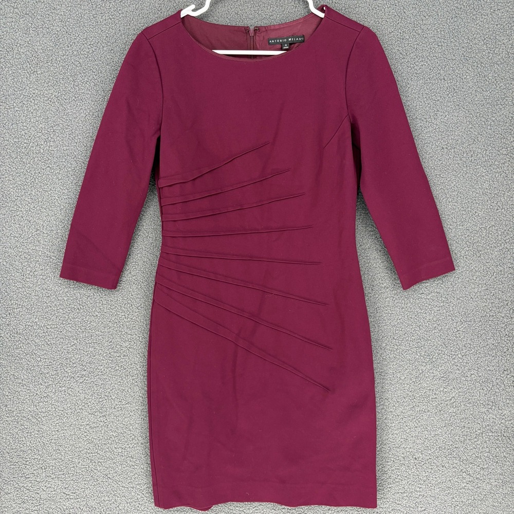 Antonio Melani Burgundy Pleated Sheath Dress 3/4 Sleeve Size 4